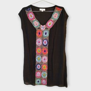 THML Womens Coverup Sz Small Black Colorul Embroidered VNeck Pullover Swimwear